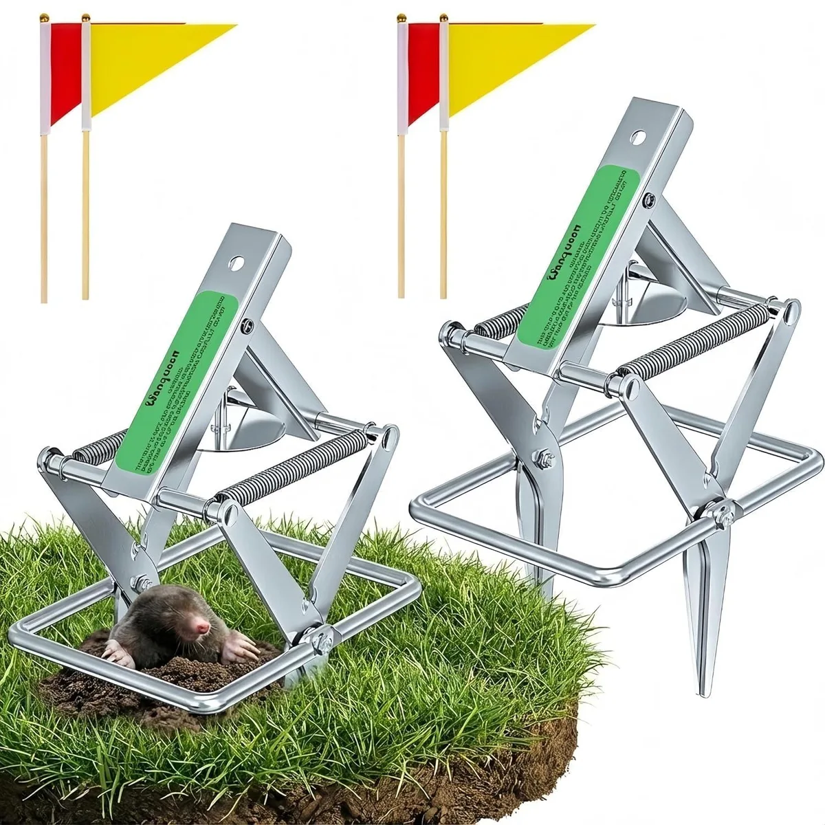 Two silver galvanised steel scissor mole traps, spring-loaded jaws, compact rectangular form