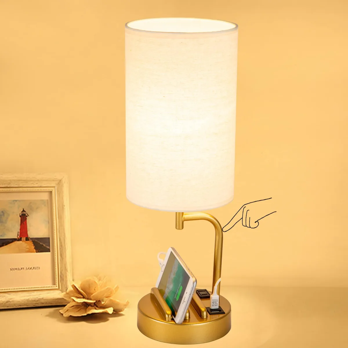  Dreamholder Touch Control USB Table Lamp 3-Way Dimmable USB-C USB-A AC Outlet Gold 16.9in 1.8lb — product photo