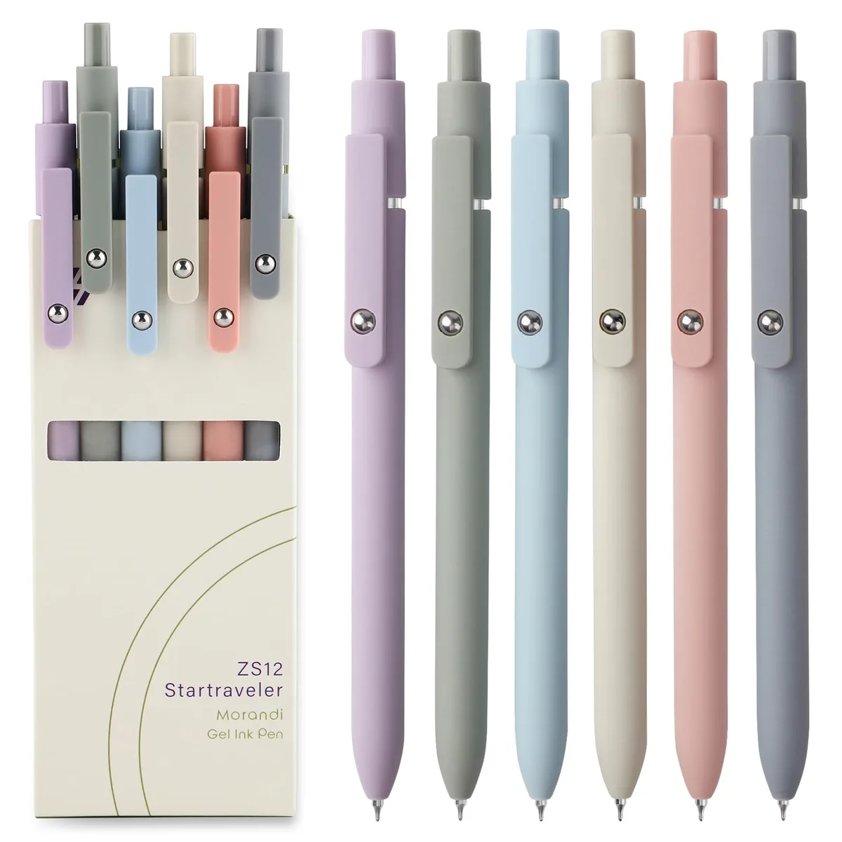 Six retractable gel pens in muted Morandi colours with plastic barrels and clips