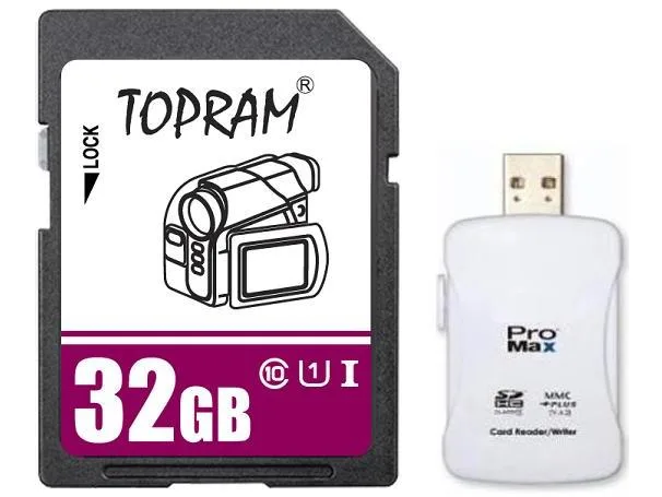 TOPRAM TOPRAM TR32GSDUHS1R16 32GB SDHC UHS-I Class 10 memory card with R16 reader — product photo