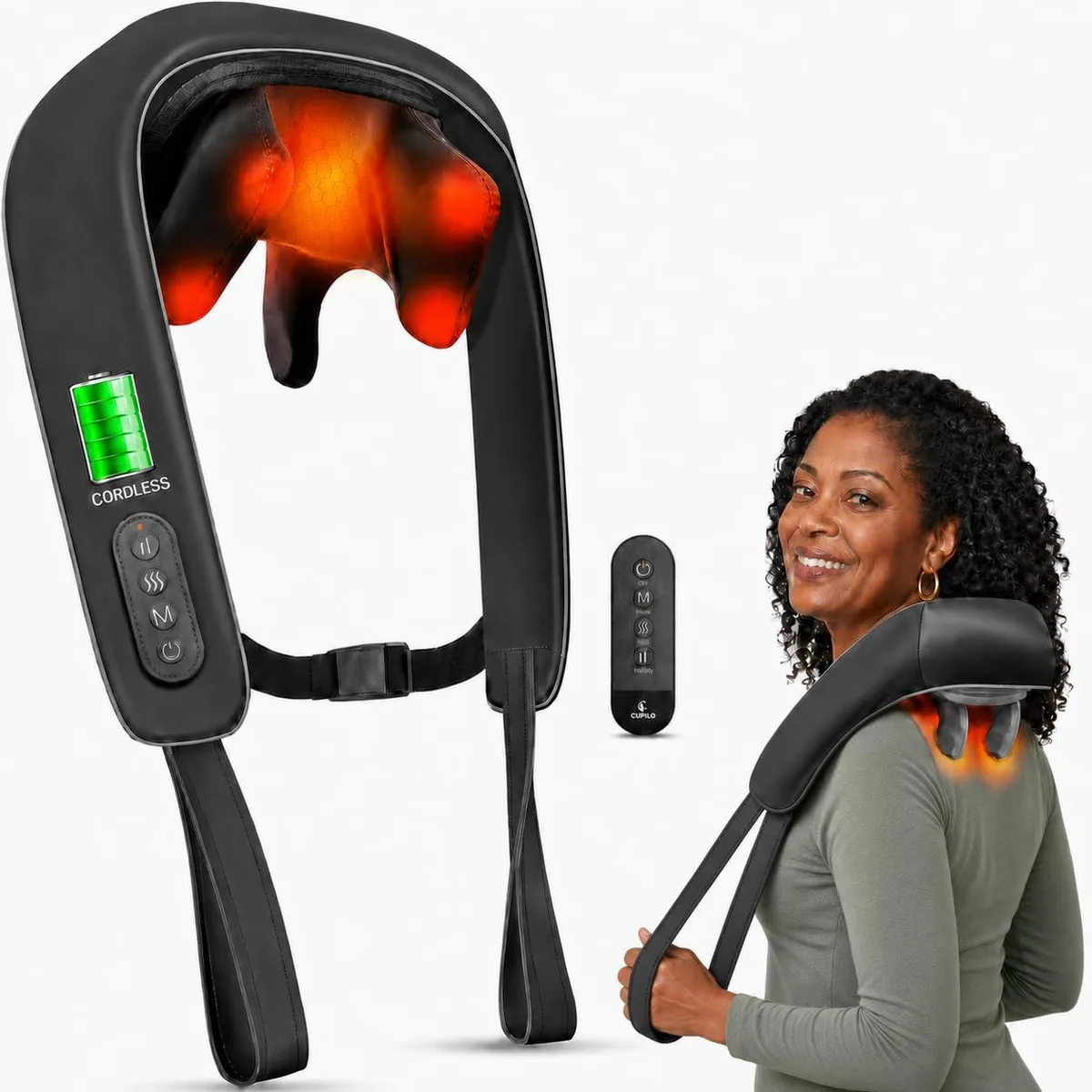 Gray wrap-around neck massager with remote control