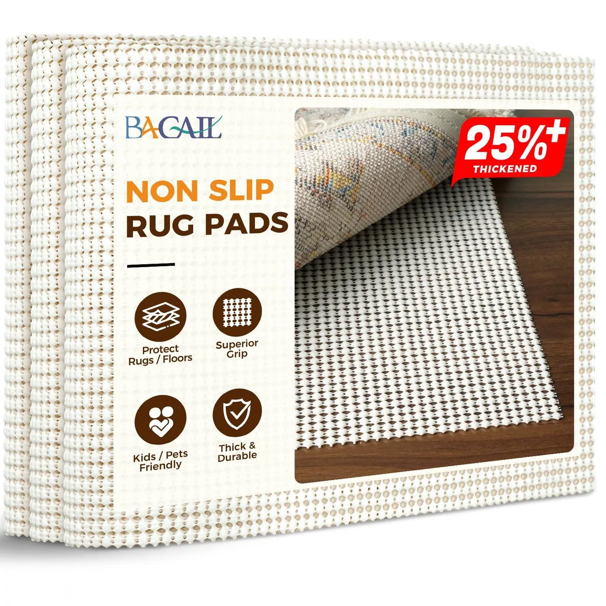 Rectangular ivory rug pad with open grid texture, 5 by 7 feet
