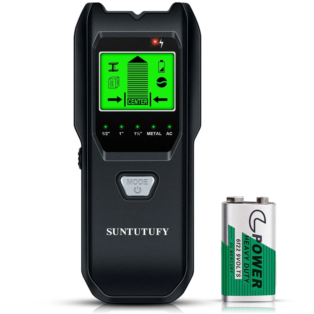 Black handheld stud finder with LCD display and side scan button