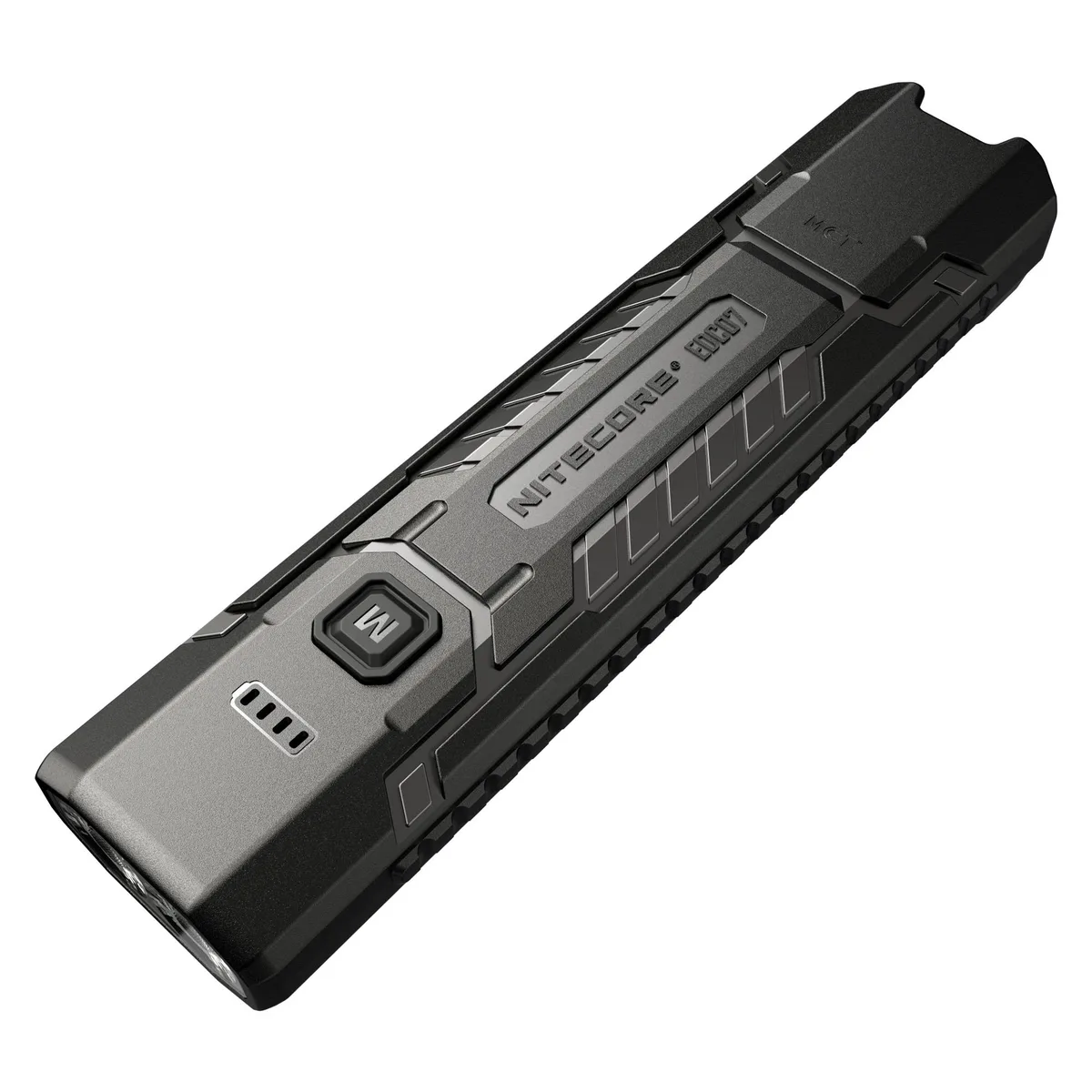 Black flat flashlight, slim rectangular body, dual buttons, USB-C port
