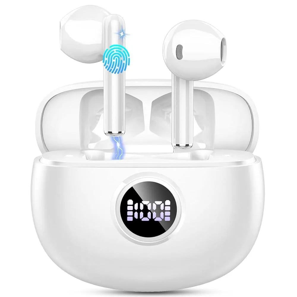 White in-ear wireless earbuds with arc-shaped design and charging case