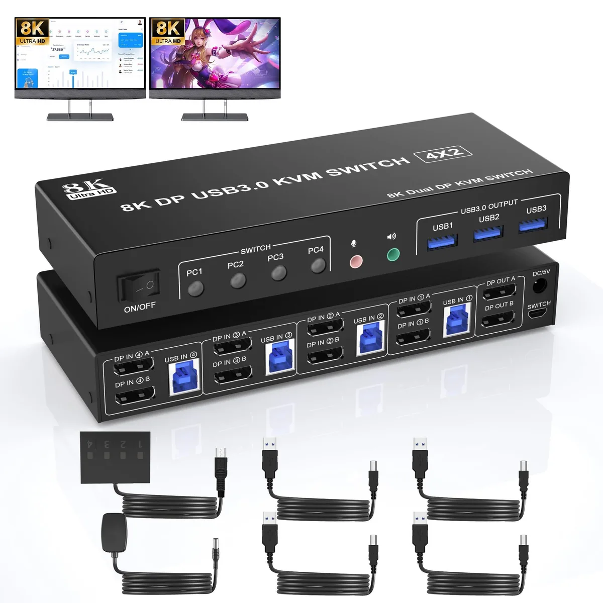 Vszerda Vszerda DP402B-USB3.0-8K-F 8K@60Hz 4-Port Dual Monitor KVM Switch — product photo