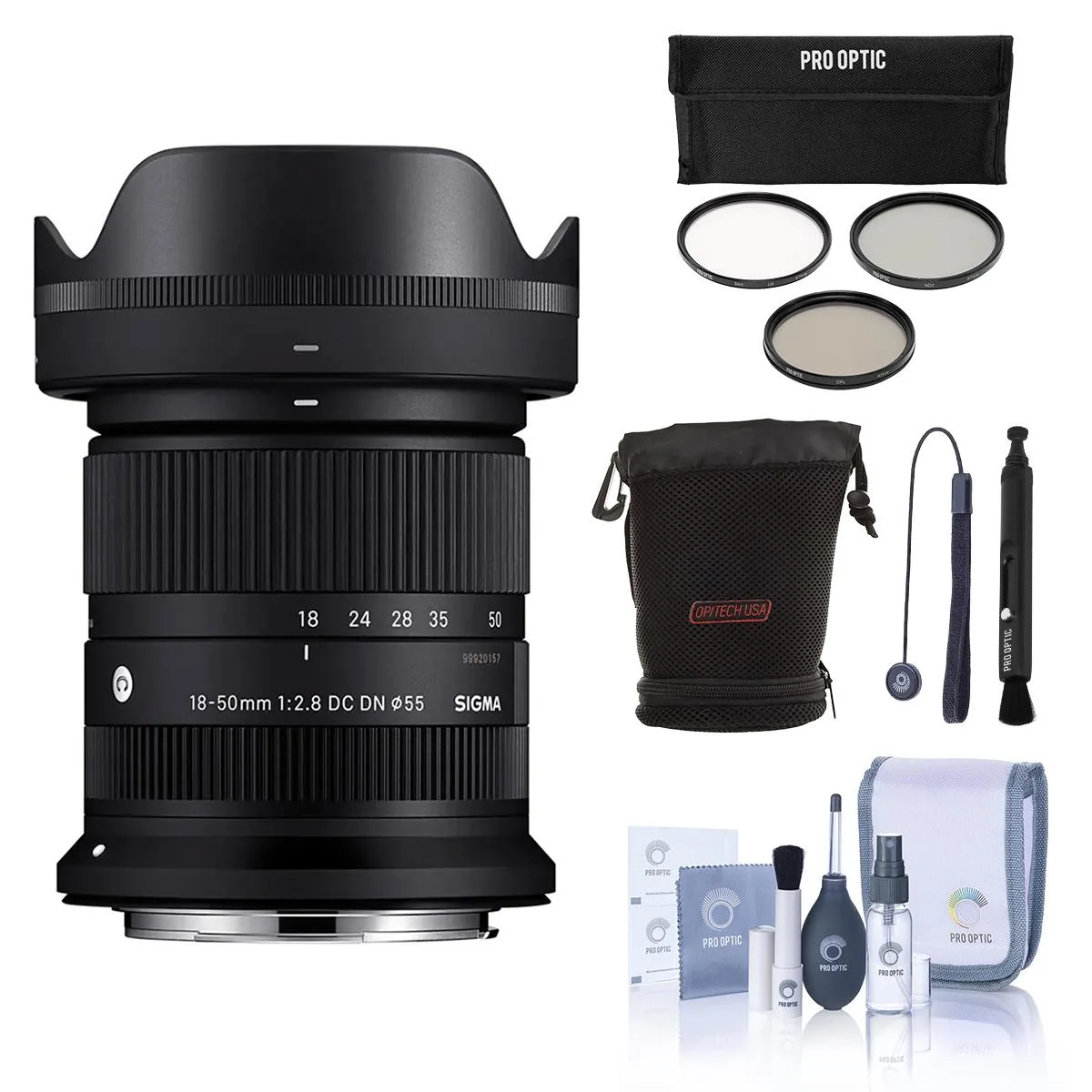SIGMA SIGMA 18-50mm f/2.8 DC DN Contemporary Lens for Canon RF with 55mm Filter Kit, Pouch and Cleaning Kit — product photo
