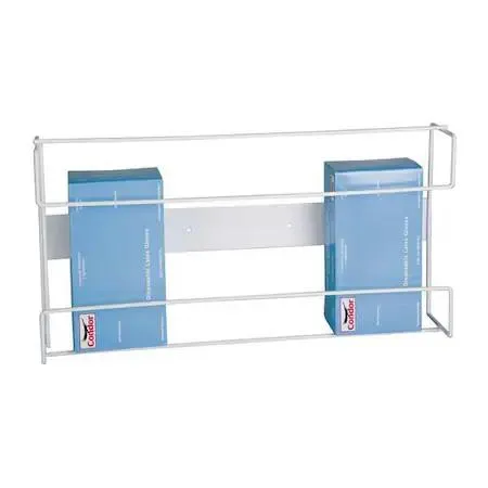 White enamel-coated steel wire wall-mounted dispenser holding four glove boxes horizontally, 22 inches wide