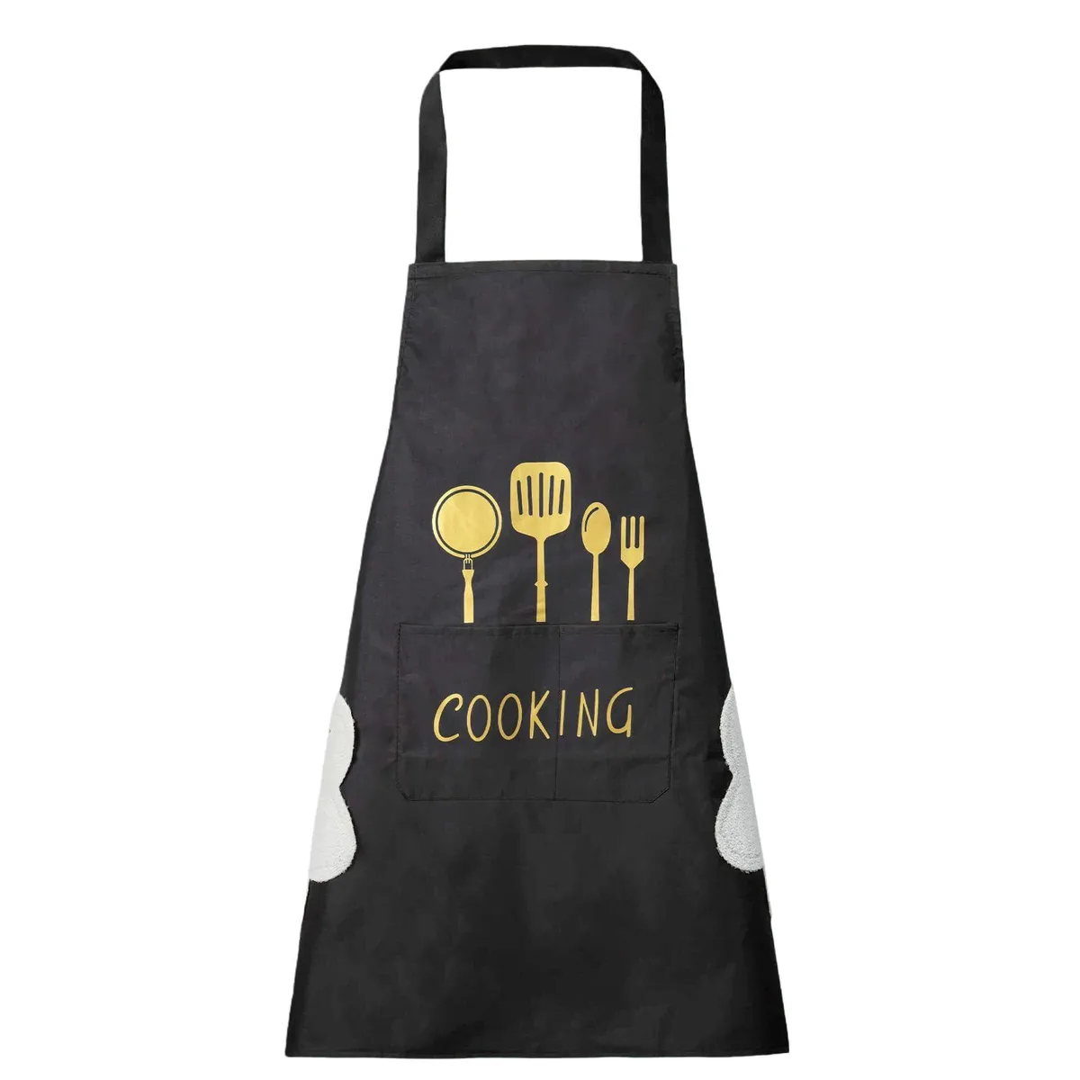 Black waterproof kitchen apron with side hand-wipe pockets, 68 by 72 cm