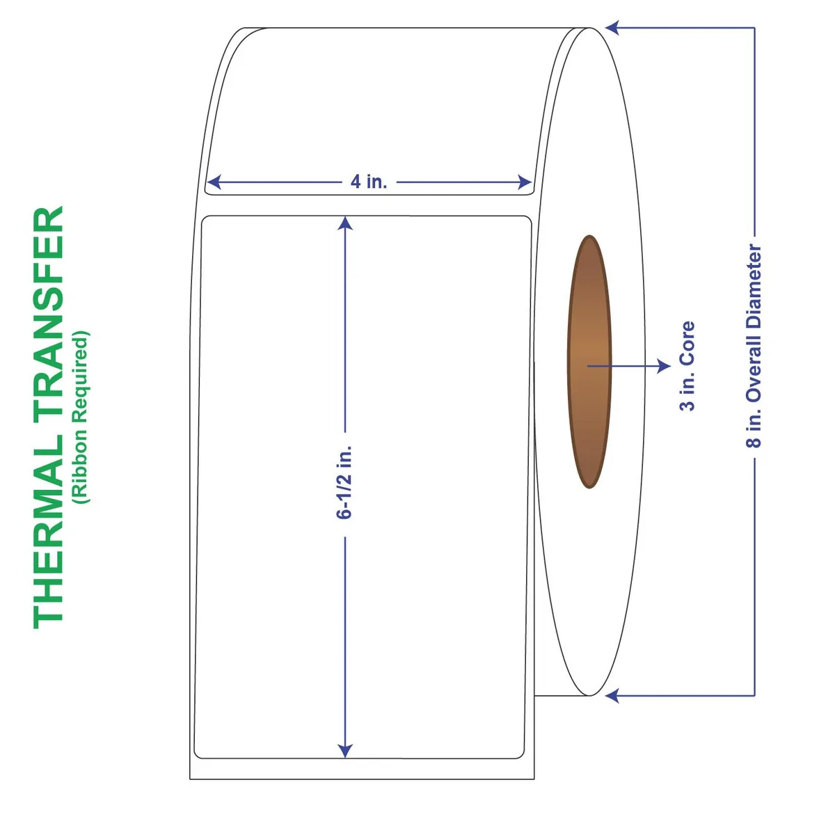White rectangular thermal transfer label rolls on cardboard cores, four rolls per carton