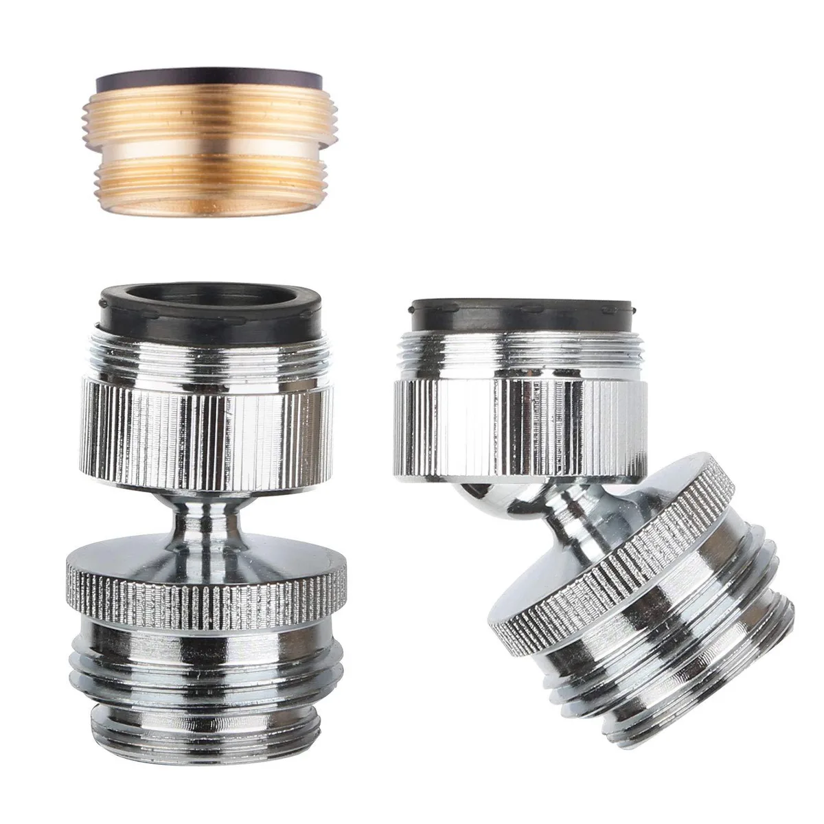 Twelve chrome-finish brass swivel faucet adapters with 3/4 inch threads
