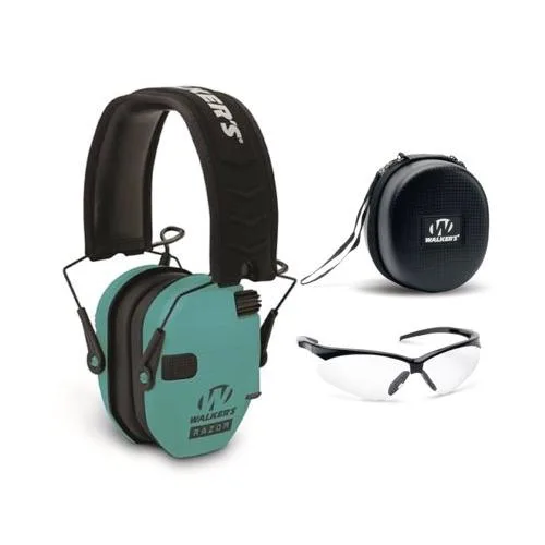Walkers Walkers Razor Slim Electronic Earmuffs Teal with Case and Glasses Sports Protective Gear — product photo