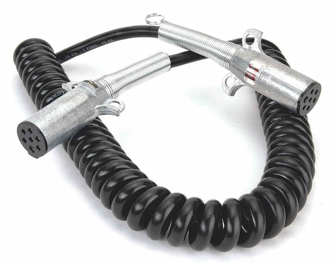 Black coiled 7-way trailer cord with zinc die-cast plugs and spring guards