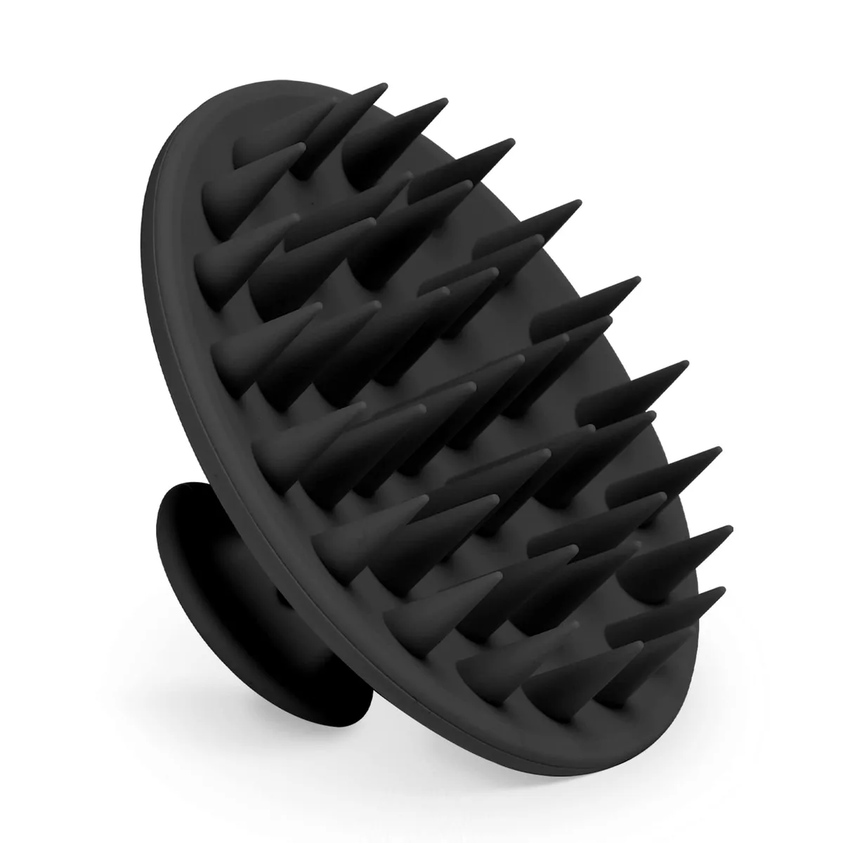 Black silicone scalp massager with soft bristles, palm-sized oval shape