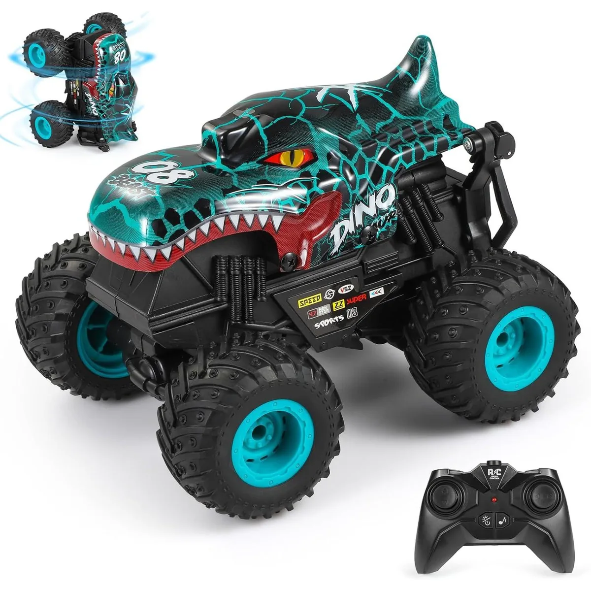  DYODYORC Dinosaur Monster Truck RC Cyan 2.4GHz 360° Stunt 50min 164ft — product photo
