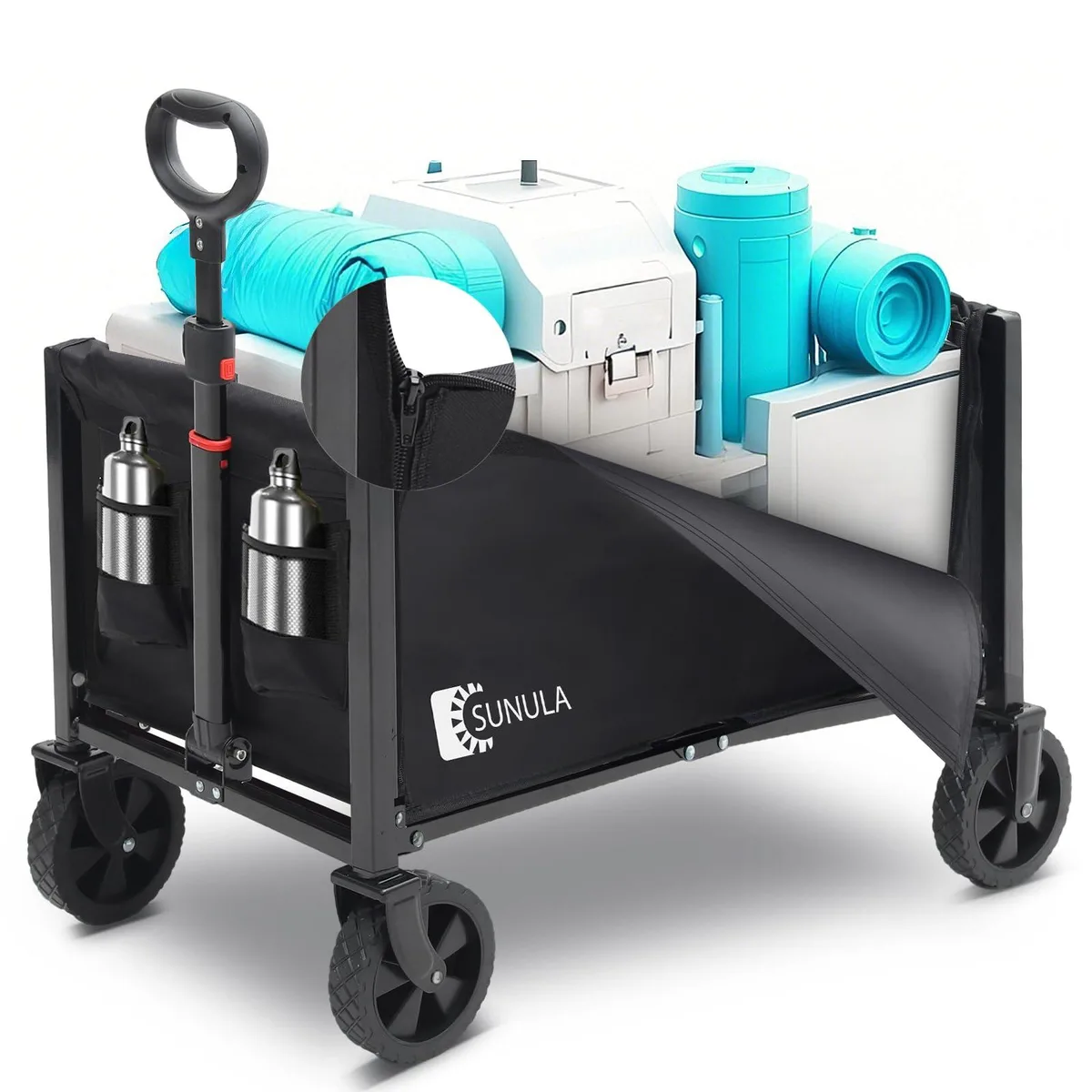 Sunula Foldable Wagon Cart 220lbs 160L 360 Wheels Zipper Side Black — product photo