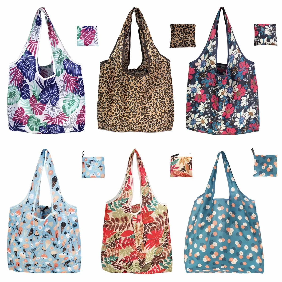 Six folded polyester grocery bags with cute patterns in a carrying pouch