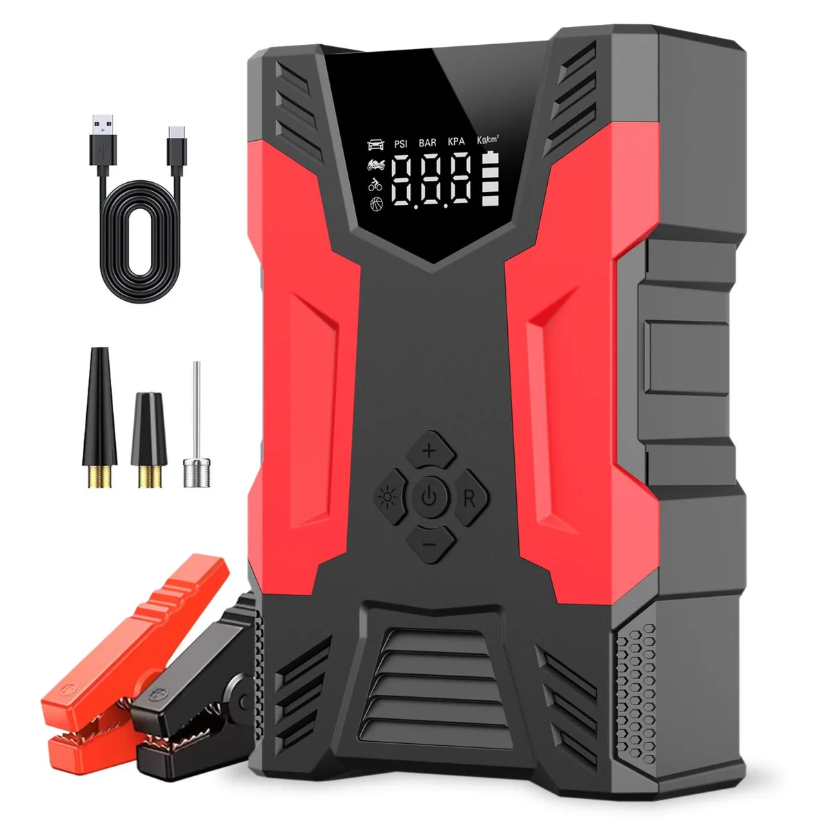 Compact rectangular jump starter with built-in air hose and digital display