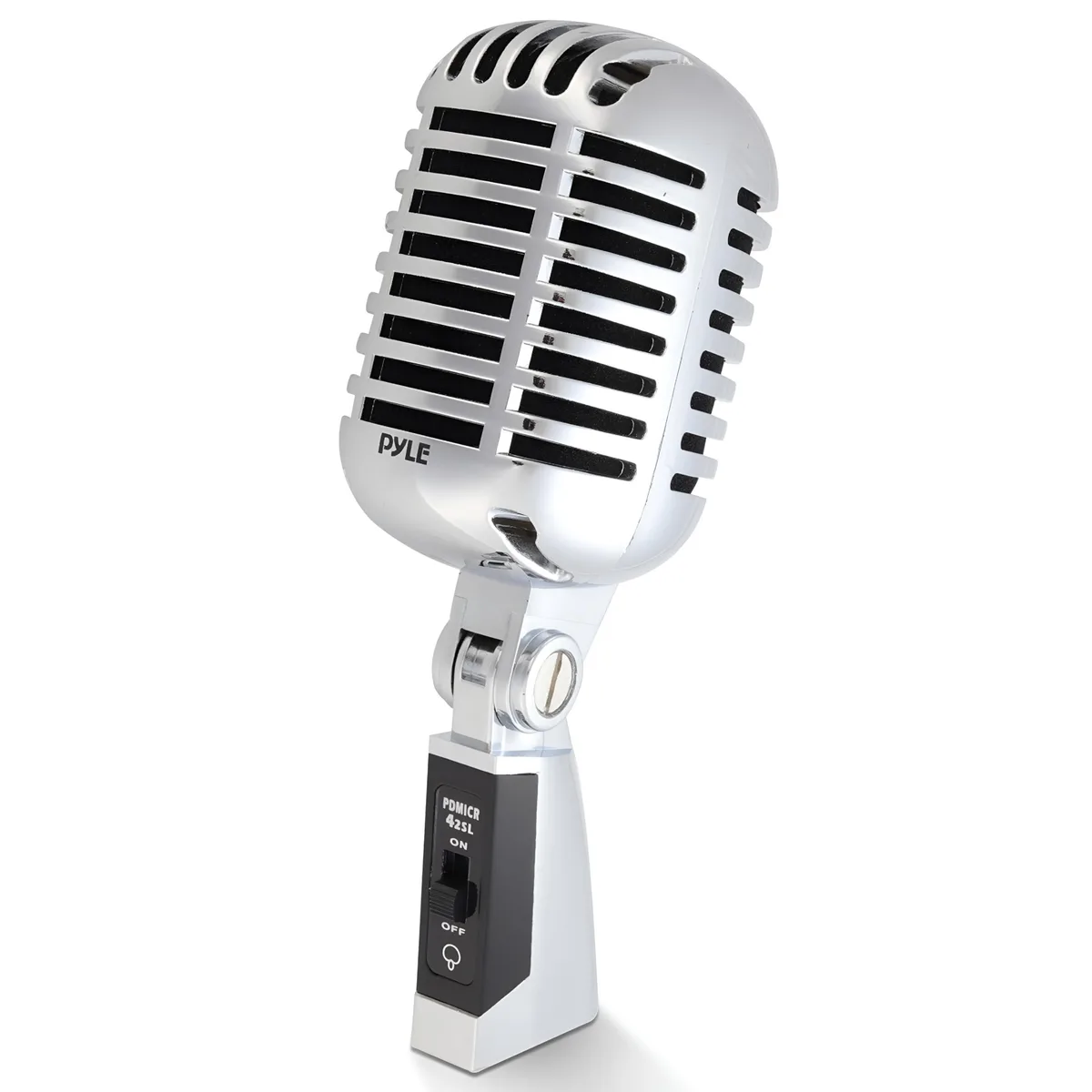 Silver retro dynamic microphone with mesh grille and XLR connector