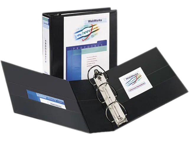 Black three-inch slant-ring view binder with clear cover overlay