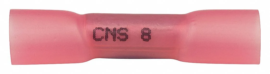 Ten pink nylon polyolefin butt splice connectors in a row