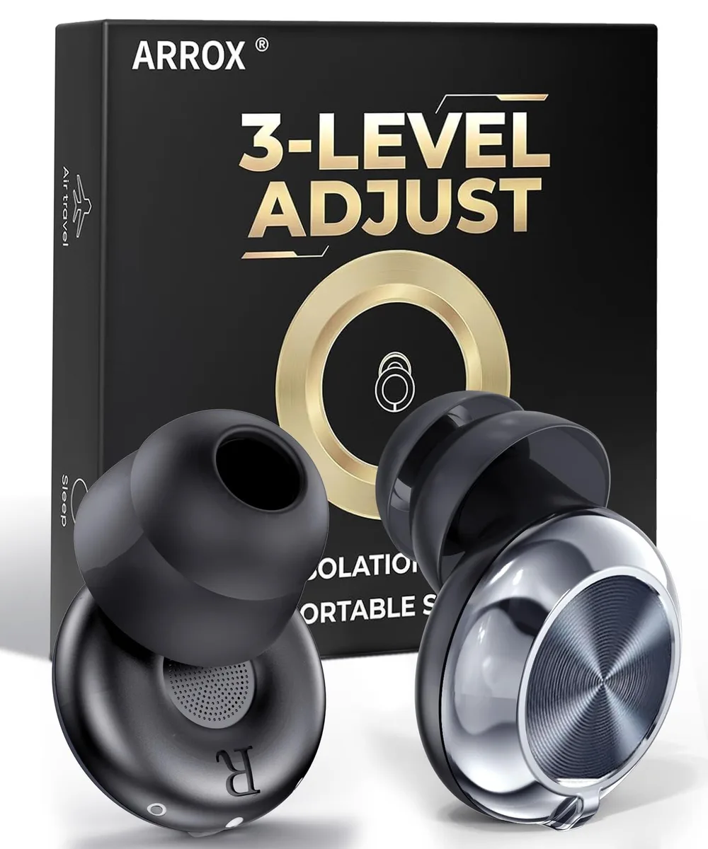 Black uncorded earplugs with dual-layer silicone tips in a storage case