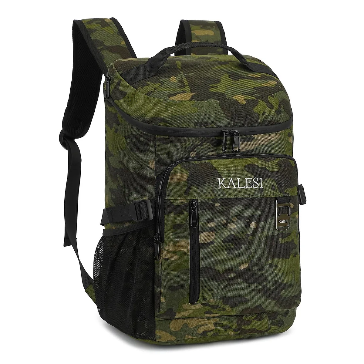 Red insulated backpack cooler, 25 litre capacity, holds 36 cans, padded straps, front cutlery pocket