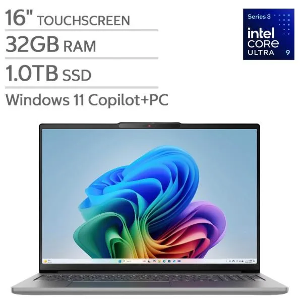 Silver 16-inch OLED touchscreen laptop with slim bezels and numeric keypad