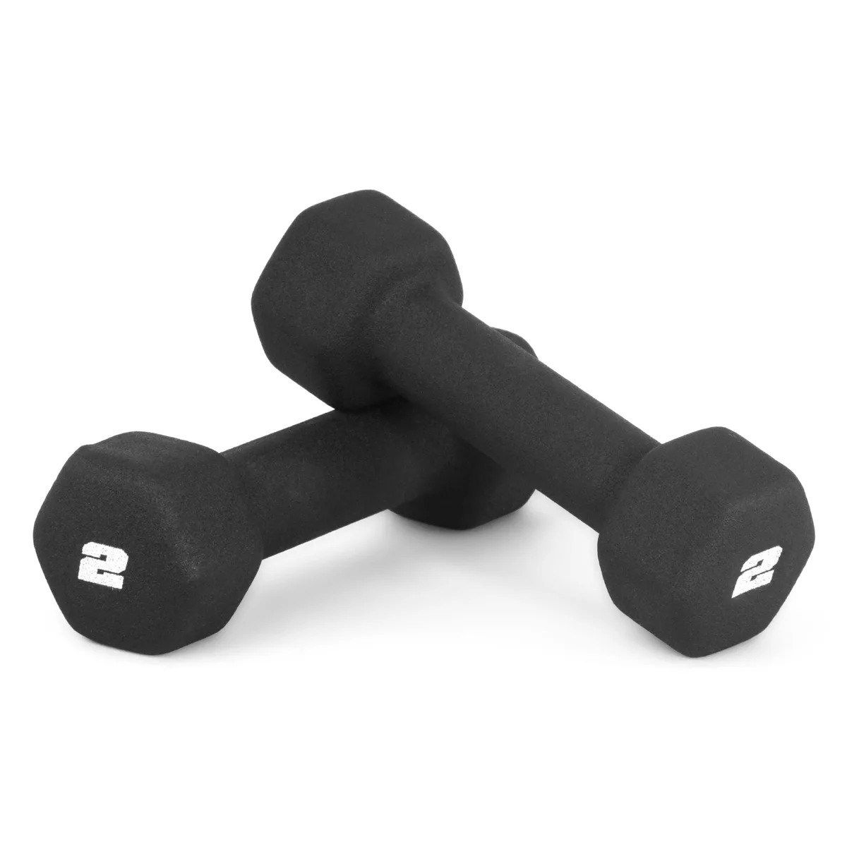 Pair of black neoprene-coated hexagonal dumbbells with grey iron cores