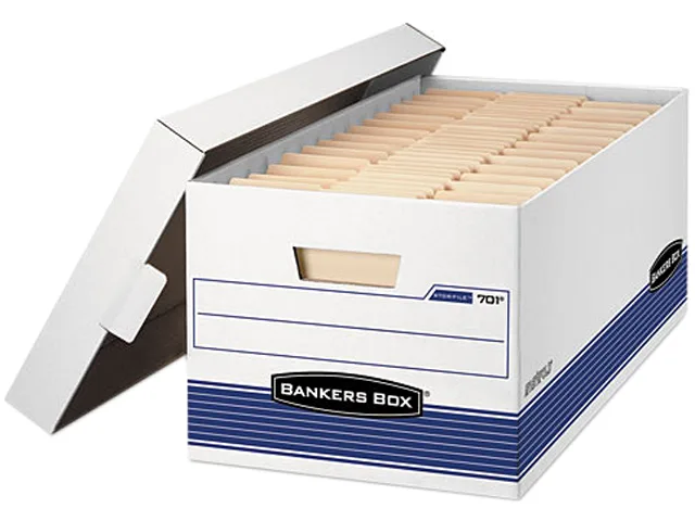 Bankers Box Bankers Box 70205 Legal Storage Box, Locking Lid, White/Blue, 4/Carton — product photo