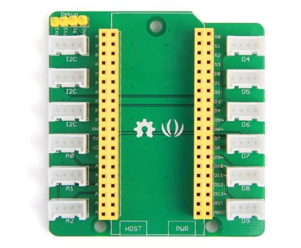 Green rectangular circuit board with white Grove connectors and pin headers, 135 by 65 by 34 millimetres