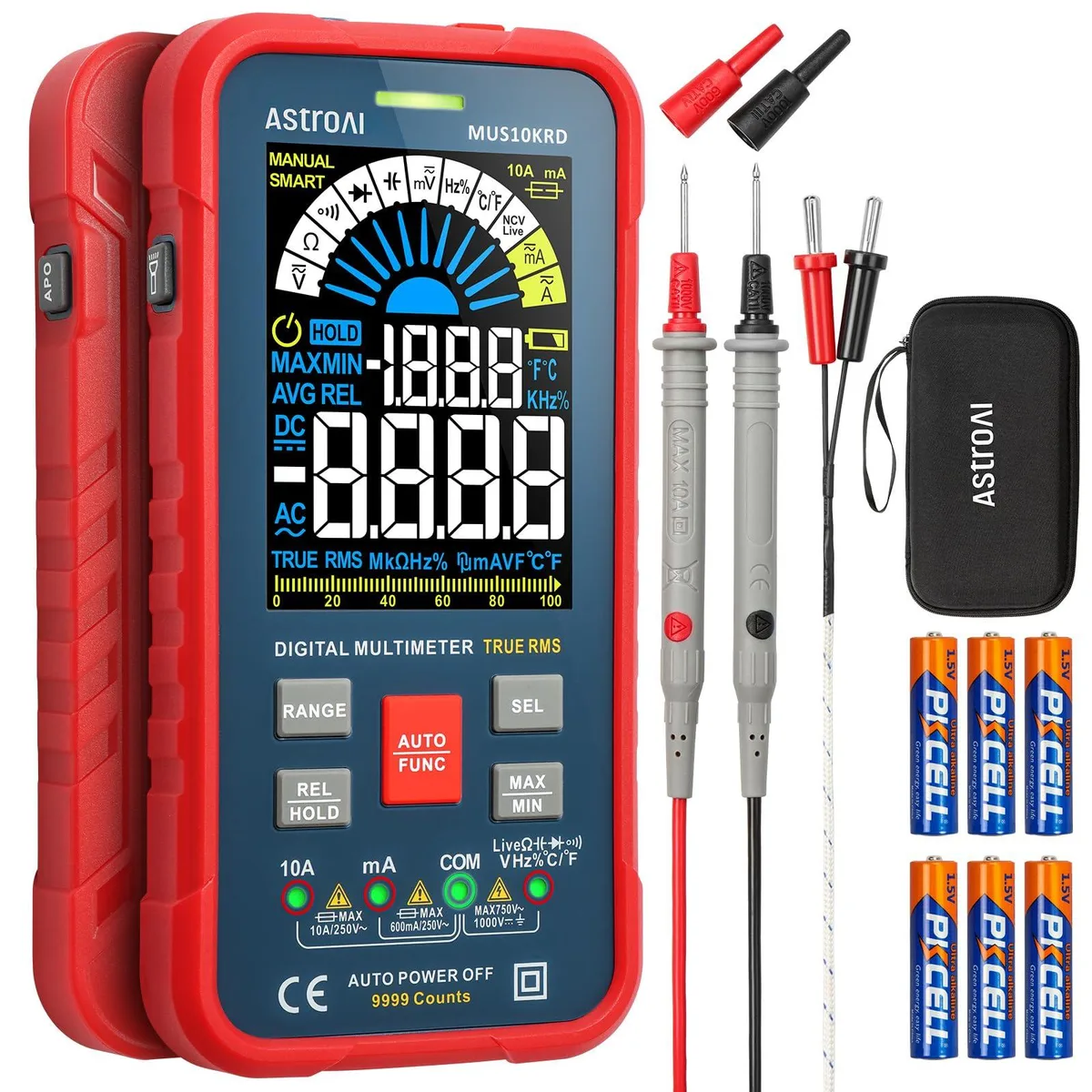 Yellow handheld digital multimeter with colour LCD screen and test leads