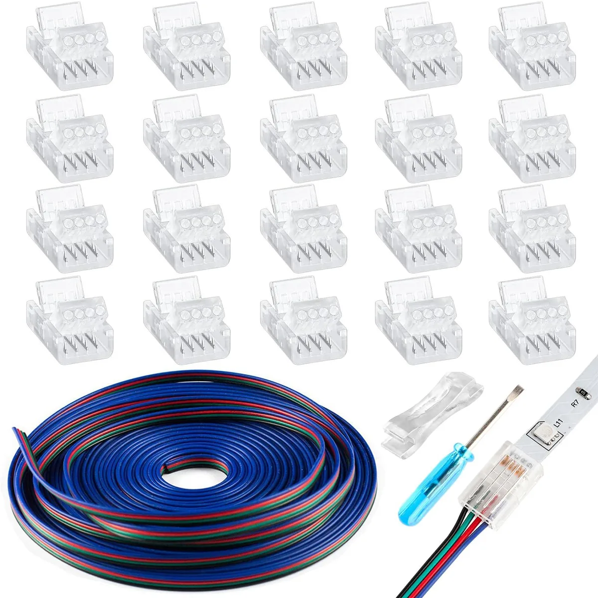  HOMELYLIFE 20-Pack 4-Pin 10mm LED Strip Connectors with 16.4ft Cable — product photo