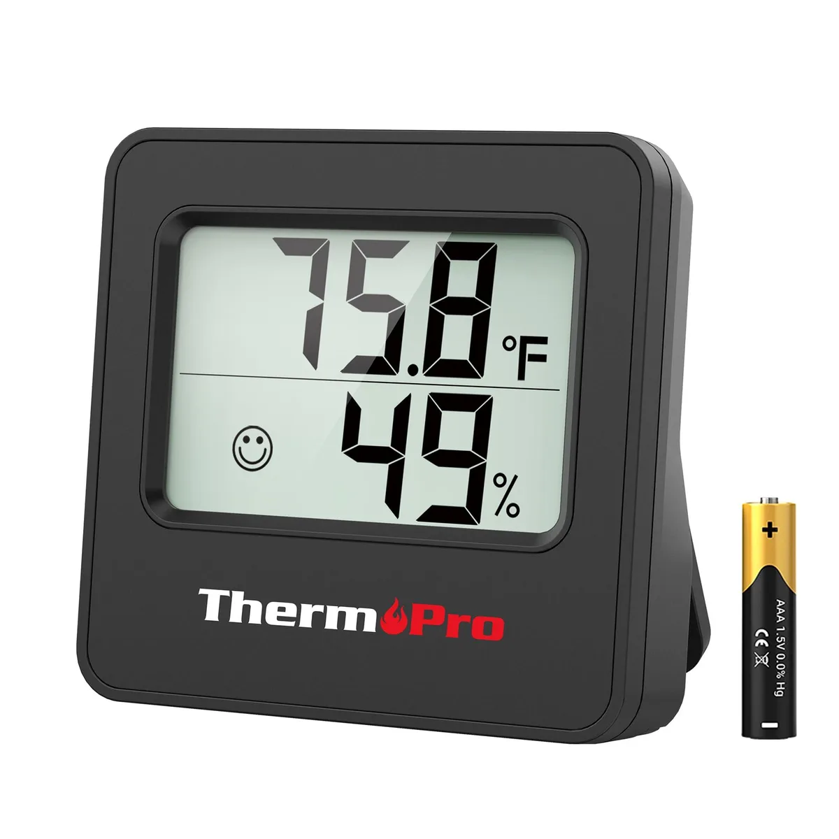 Yellow rectangular digital thermometer with LCD display and tabletop stand