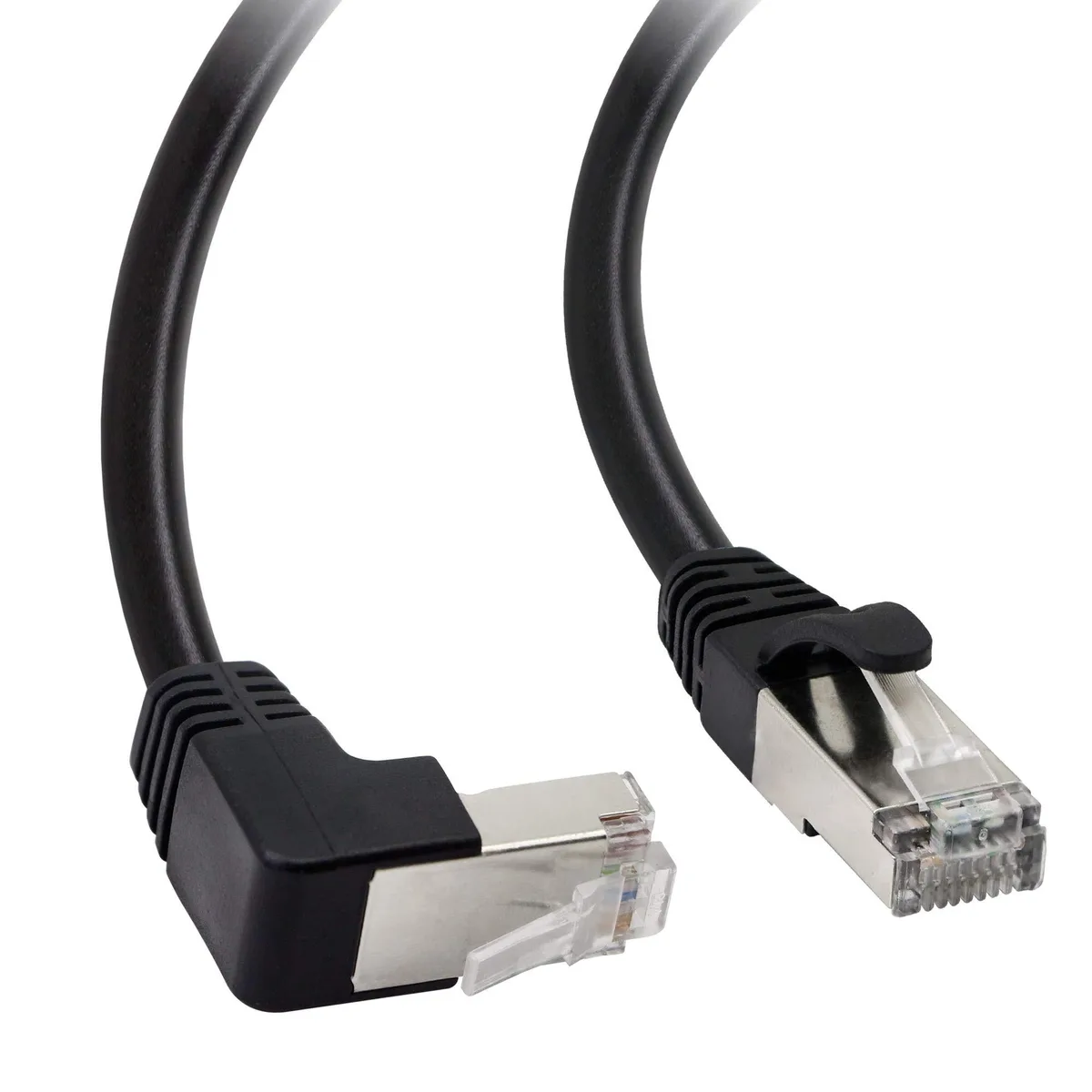 Short Cat5 Ethernet cable with a 90-degree down-angled RJ45 plug, blue PVC jacket, 1.5 ft long