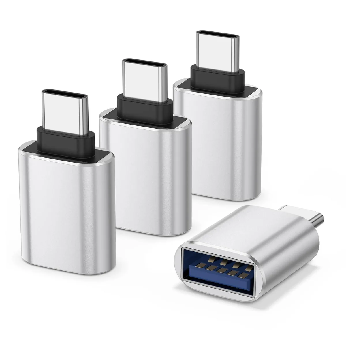 Four silver USB-C male to USB-A female adapters