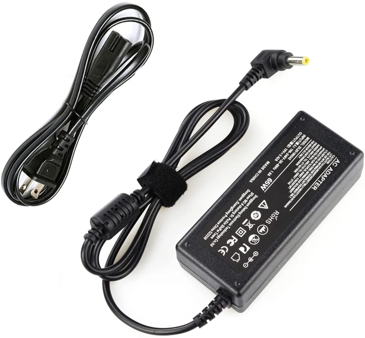 Black rectangular AC adapter with 5.5mm barrel connector and integrated power cord