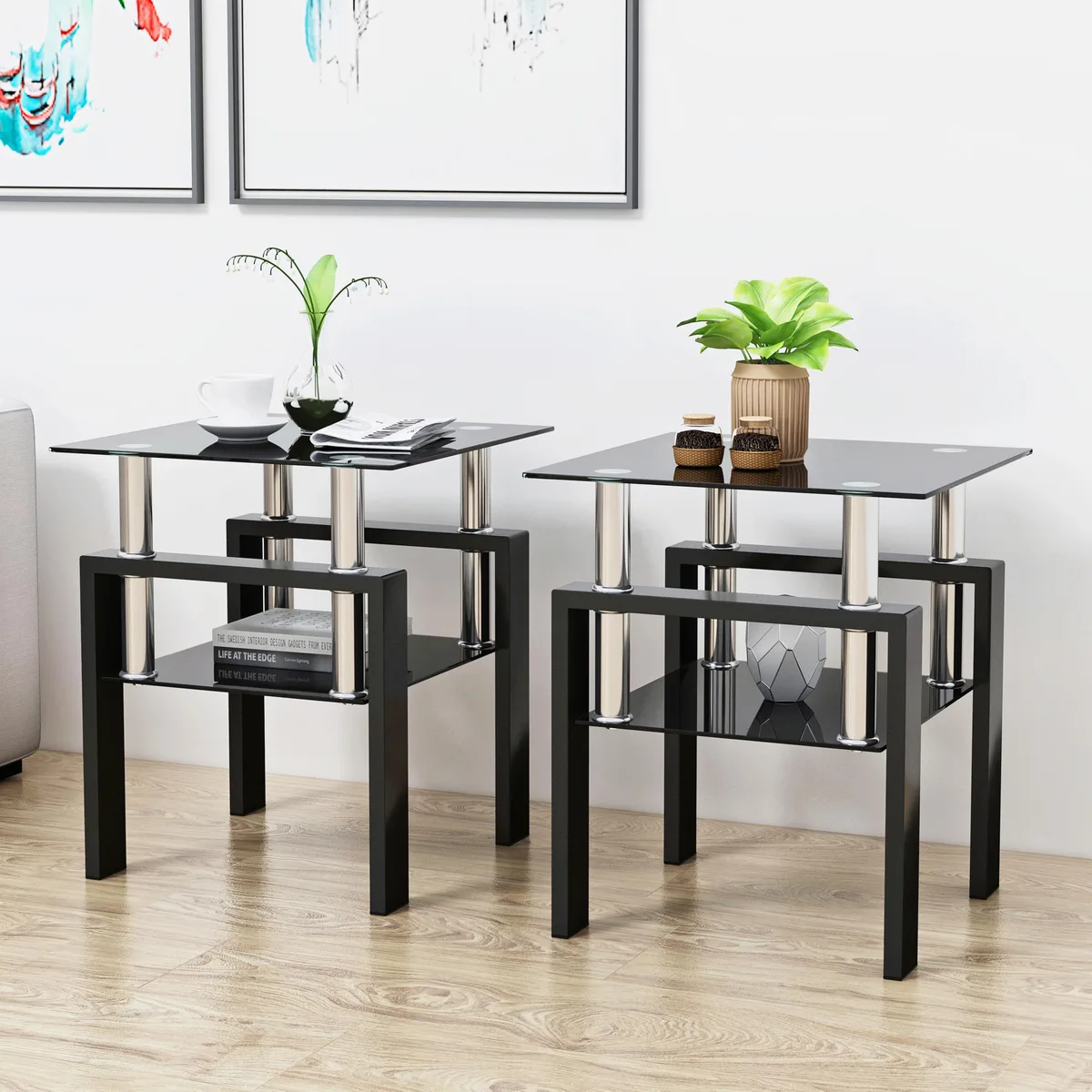 tuphen tuphen Set of 2 Occasional Tables Black Tempered Glass 17.72"L x 17.72"W x 20.5"H 150lbs — product photo