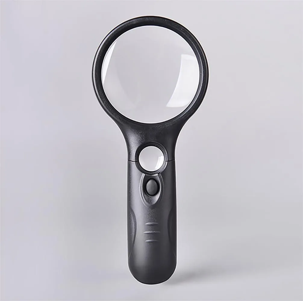 Black handheld magnifier with dual lenses and three LED lights, twelve pack
