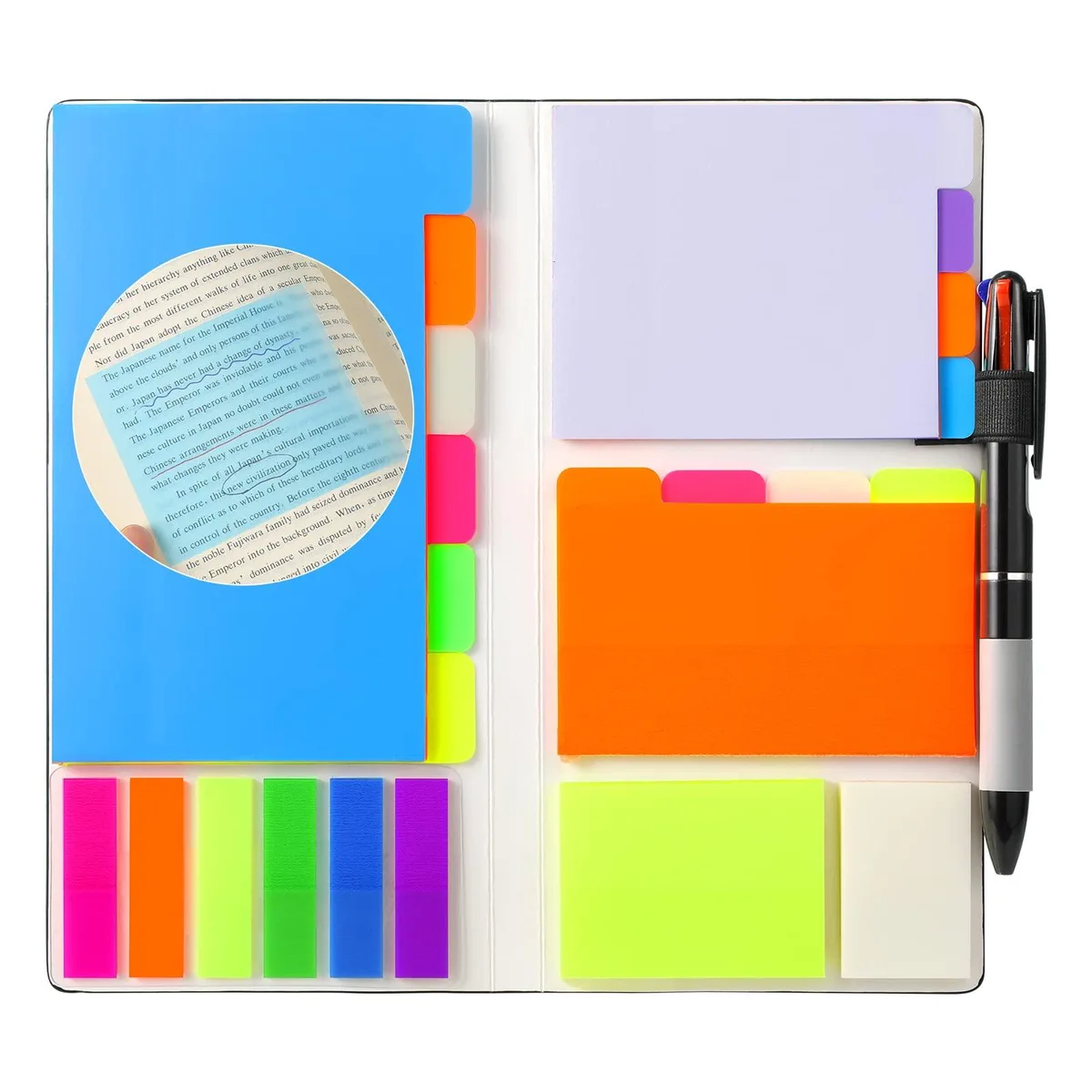 A bound booklet with transparent sticky notes and a pen