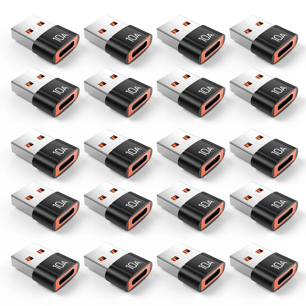 Twenty small black USB-A to USB-C adapters with aluminium casings