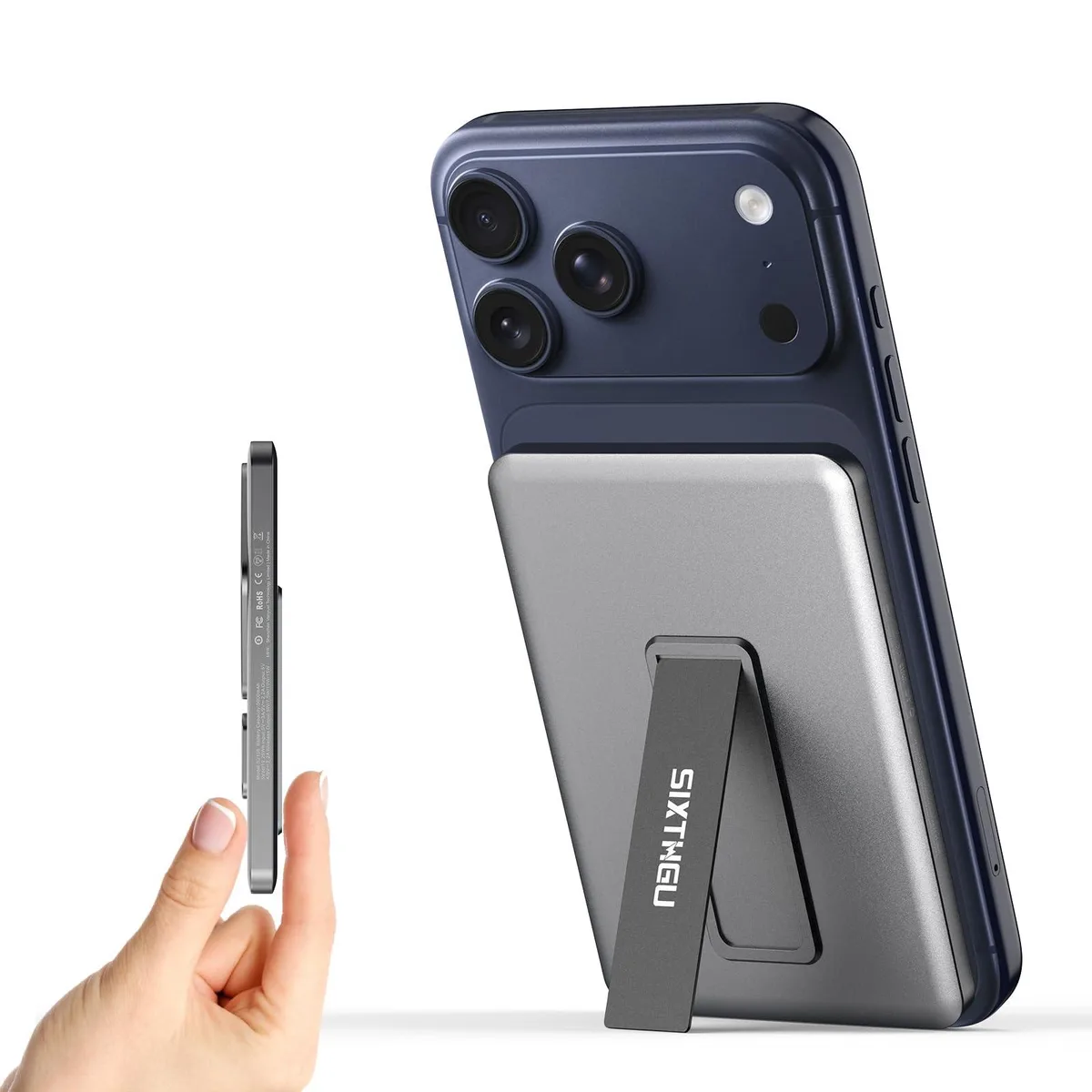 Grey rectangular power bank with foldable stand, 0.35 in thick