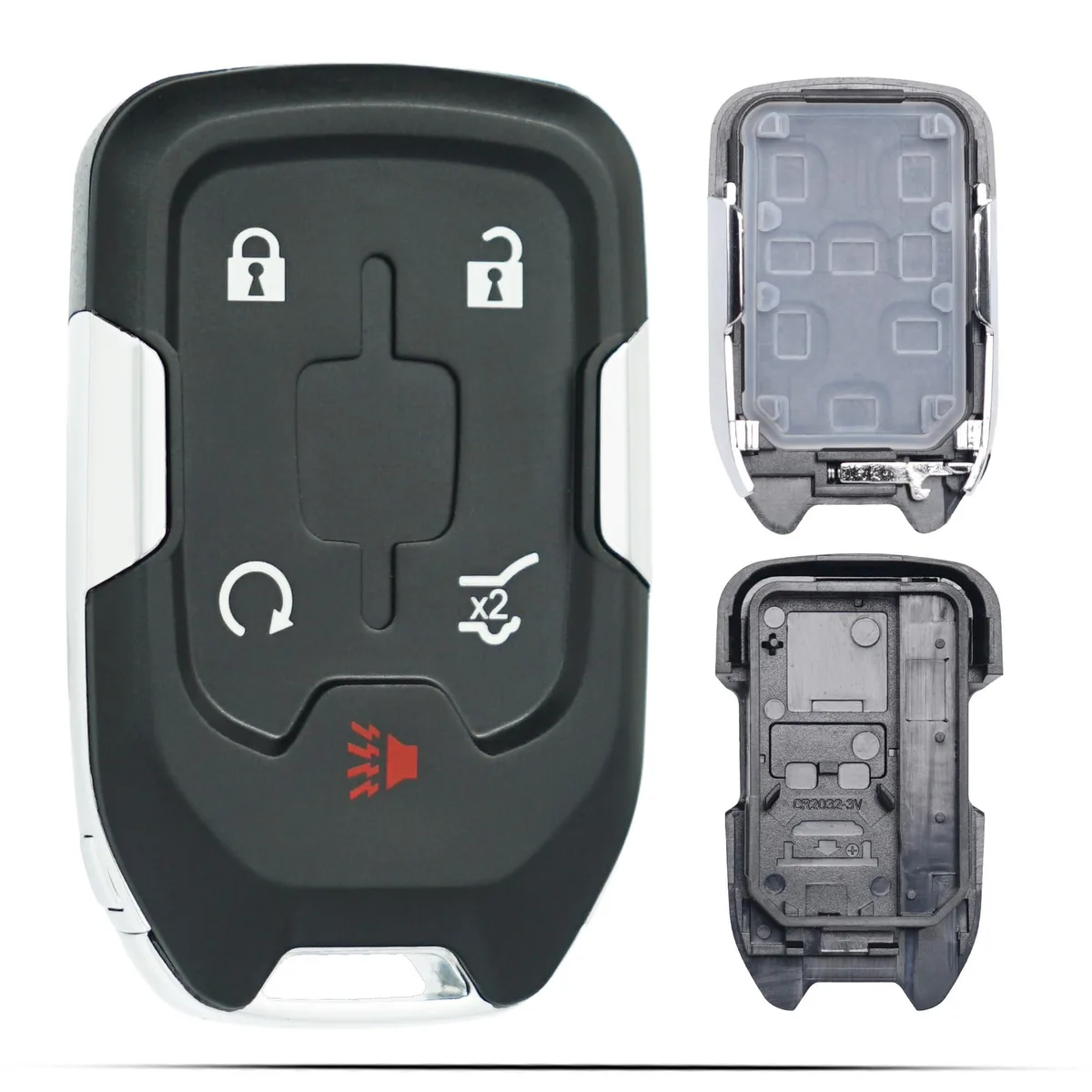 Black plastic key fob shell with five buttons, empty interior