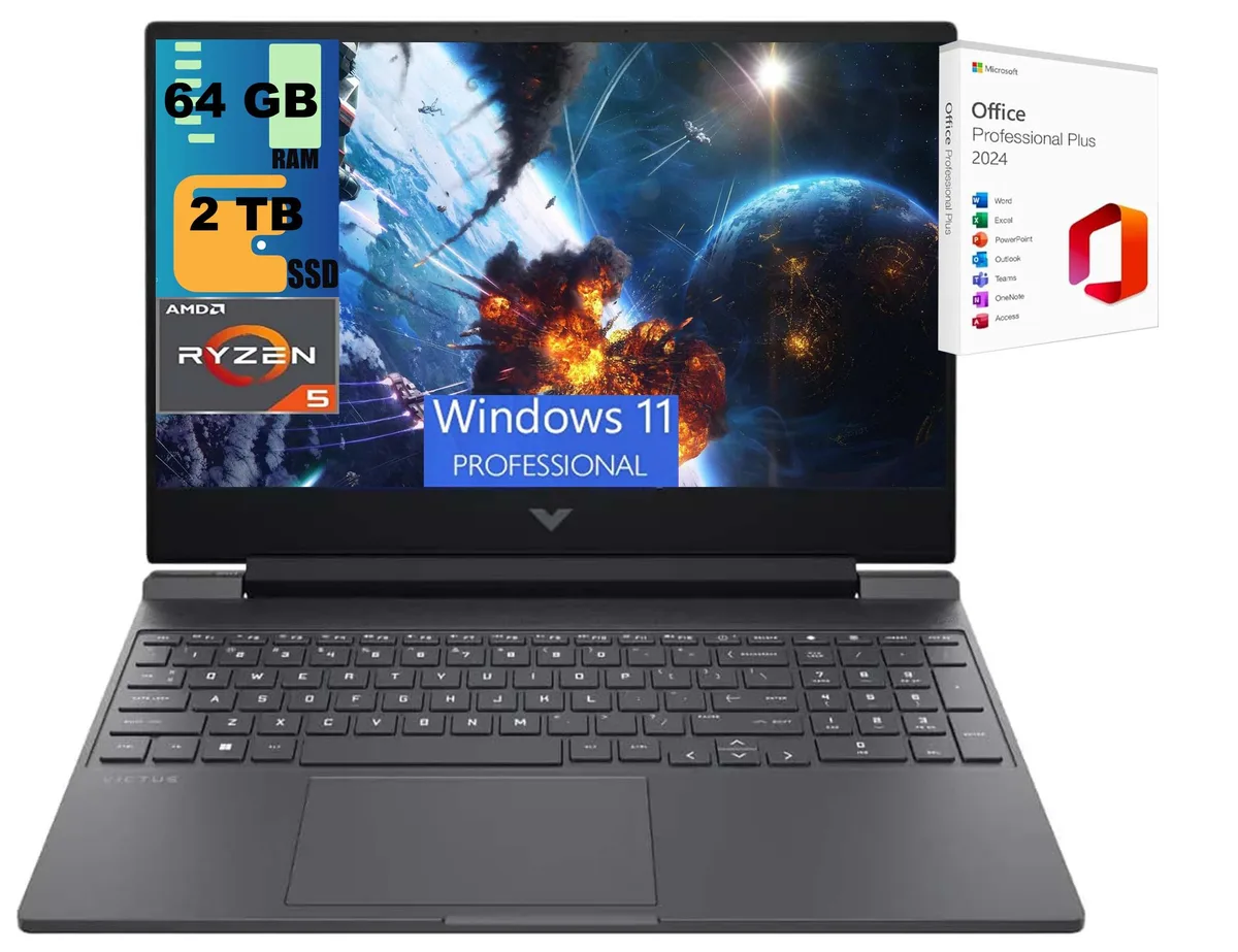 HP HP Victus 15 gaming laptop Raider 64GB 2TB AMD Ryzen 5 7535HS Radeon RX 6550M 15.6 FHD 144Hz — product photo
