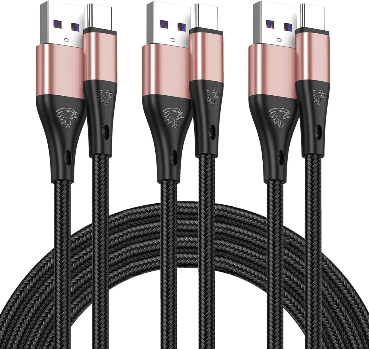 Three pink nylon braided USB Type C cables coiled together
