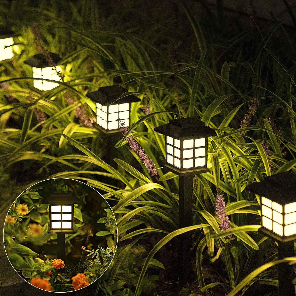 Twelve warm white solar path lights, small house style, polished chrome finish, ABS and resin construction