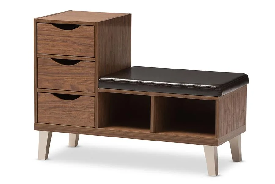Walnut wood bench with three drawers two open shelves and padded leatherette seat