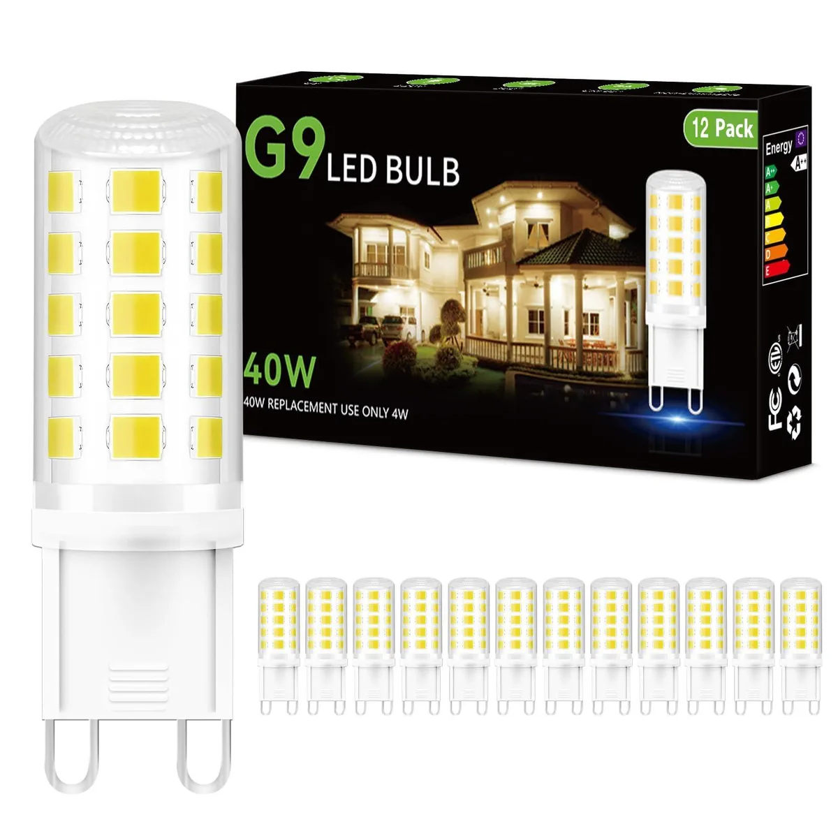 Twelve small G9 LED bulbs with bi-pin bases and ceramic bodies