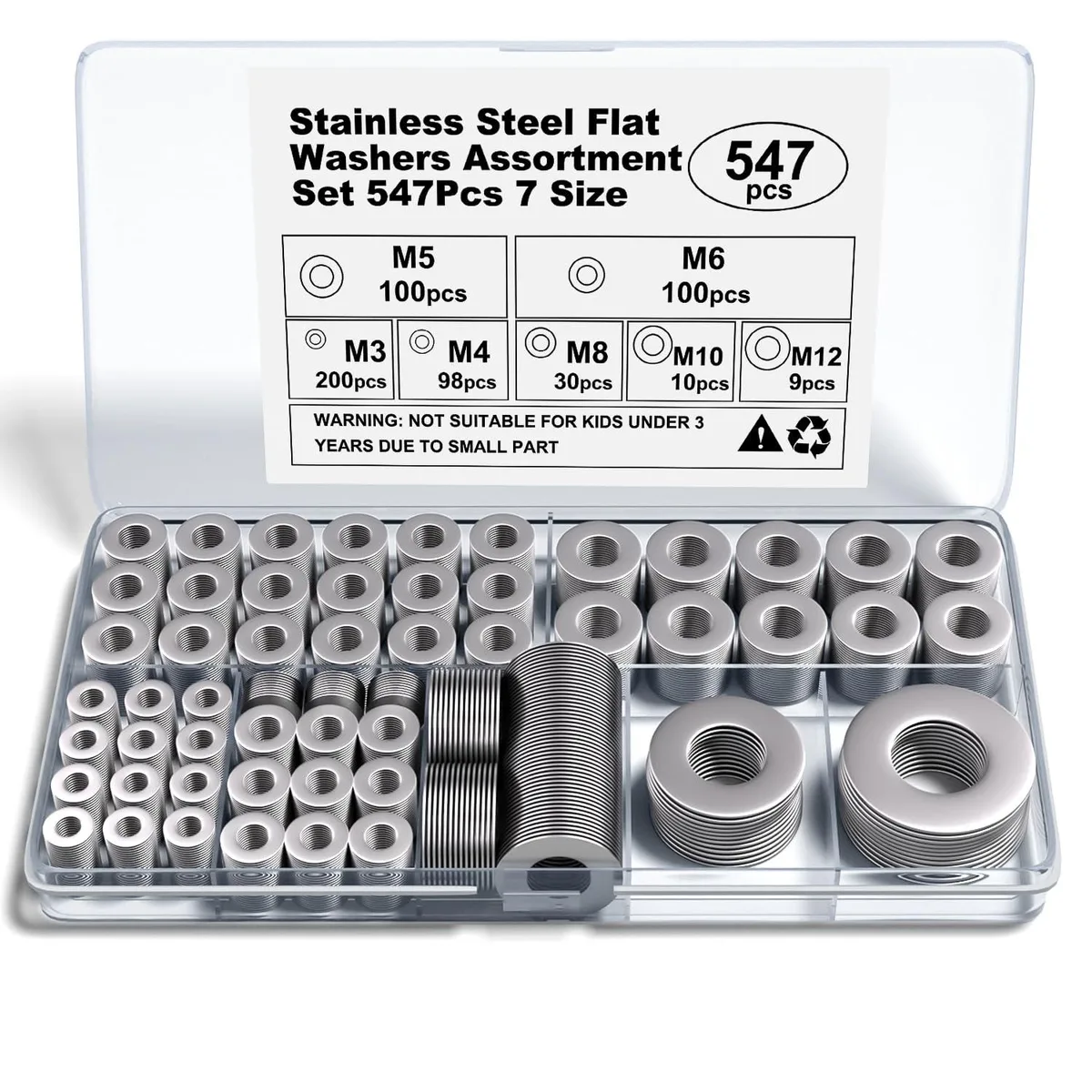 547 stainless steel flat washers in labelled plastic case
