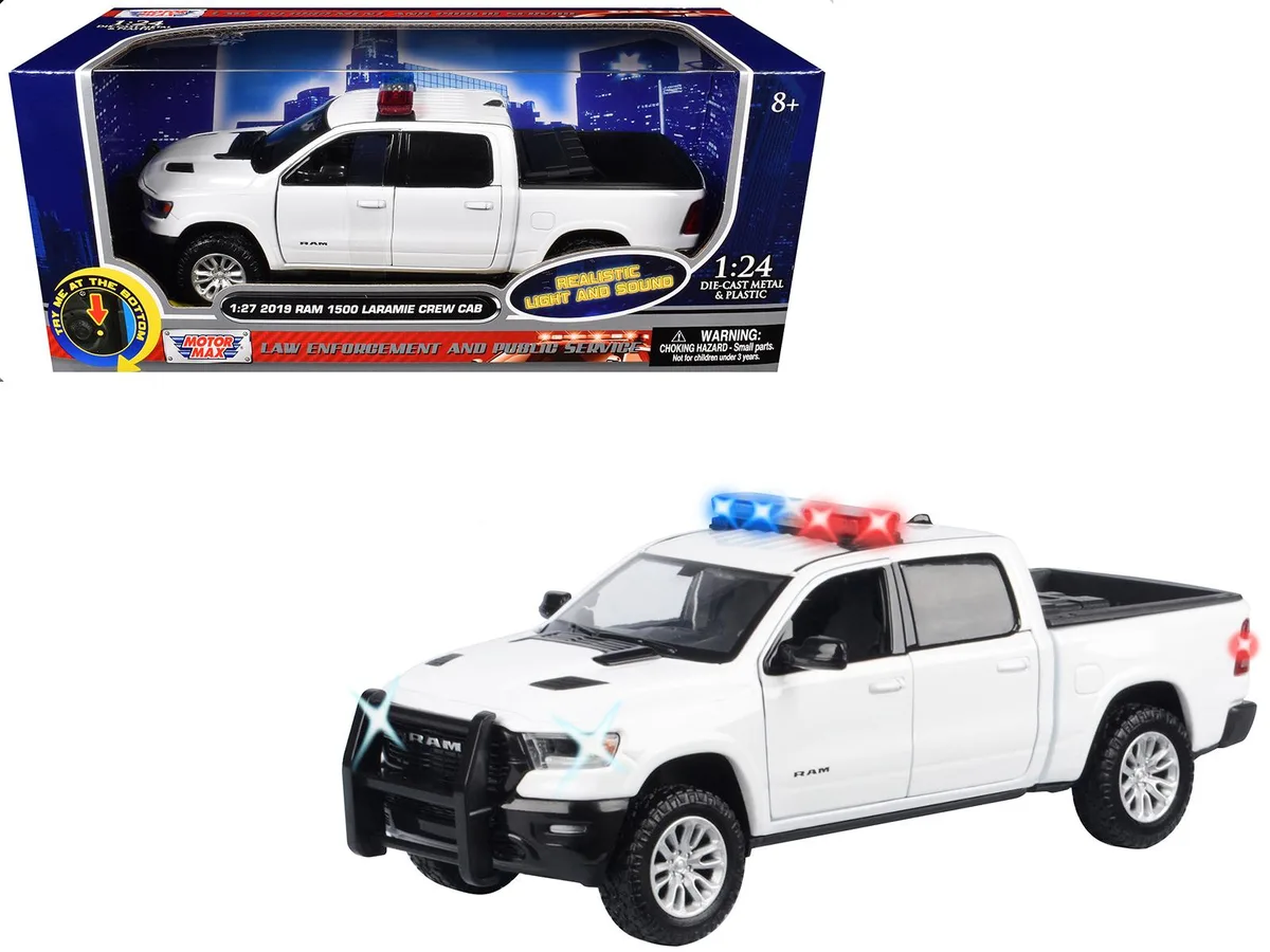 MOTORMAX MOTORMAX 2019 RAM 1500 Laramie Crew Cab Pickup Truck White with Lights and Sounds 1/27 Diecast Model Car — product photo